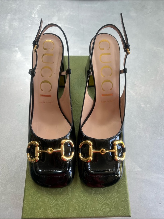 Gucci Shoes - Gucci Black Patent Leather Horsebit Slingback Mid Heel
